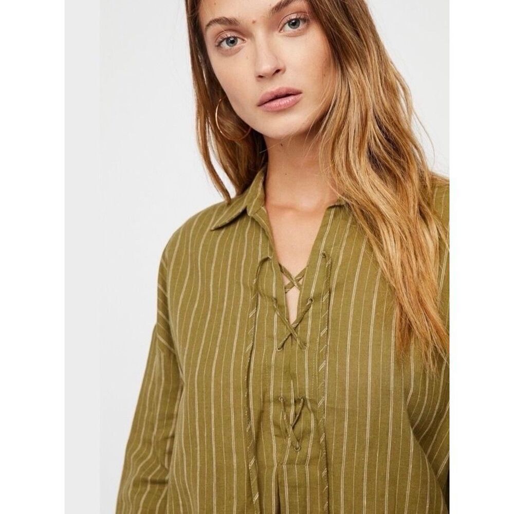 NEW Free People Womens S Under the Boardwalk Striped Tunic Lace Up Front Top